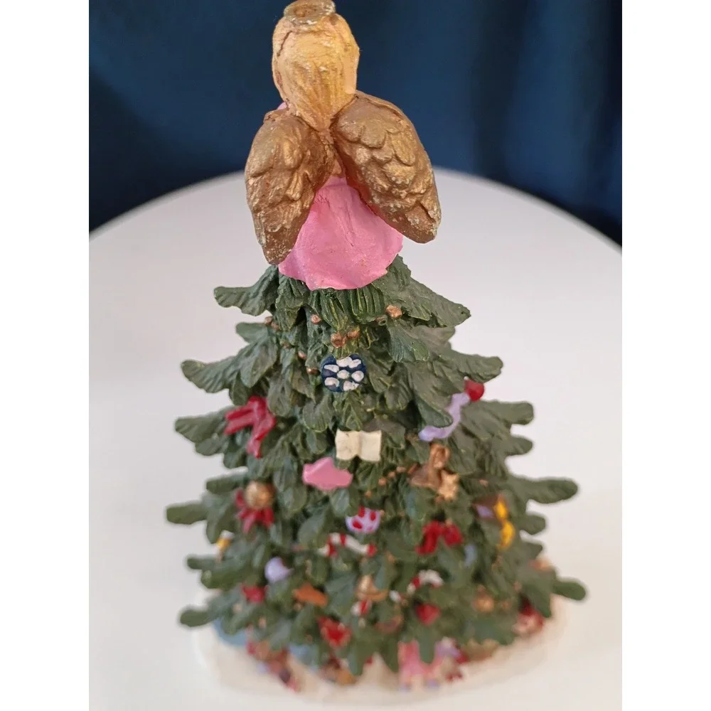 Vintage Resin Christmas Tree Figurine with Angel Topper and Presents 8 Inch